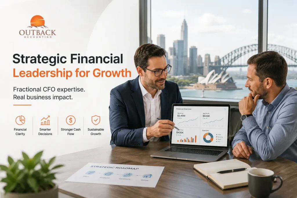 Fractional CFO meeting with Australian business owner reviewing financial reports