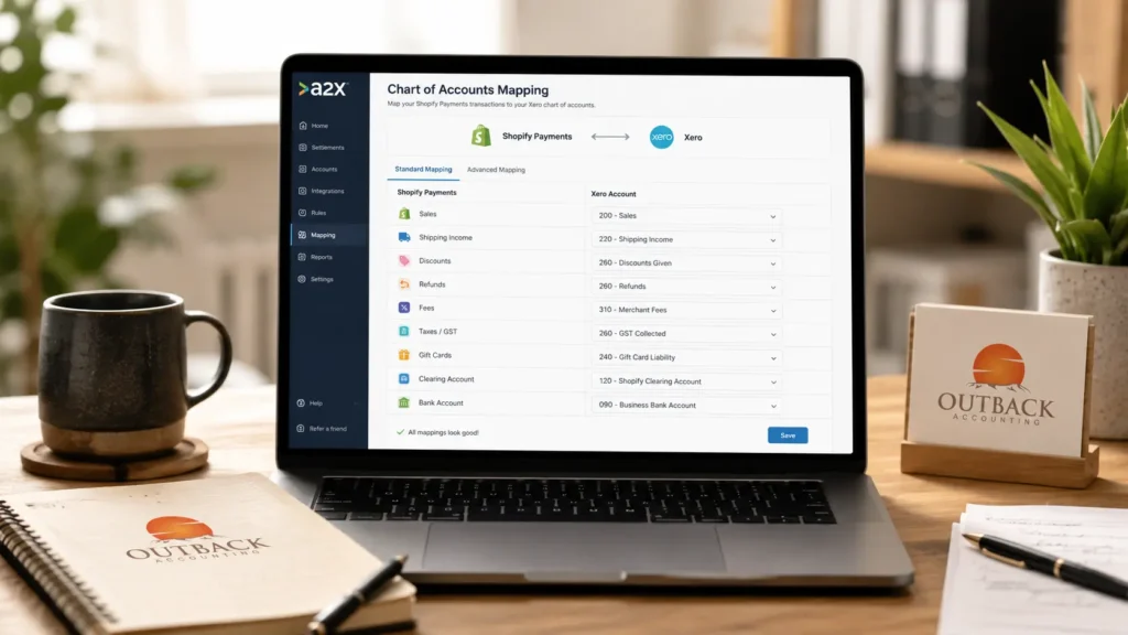 A2X chart of accounts mapping for Shopify Payments and Xero